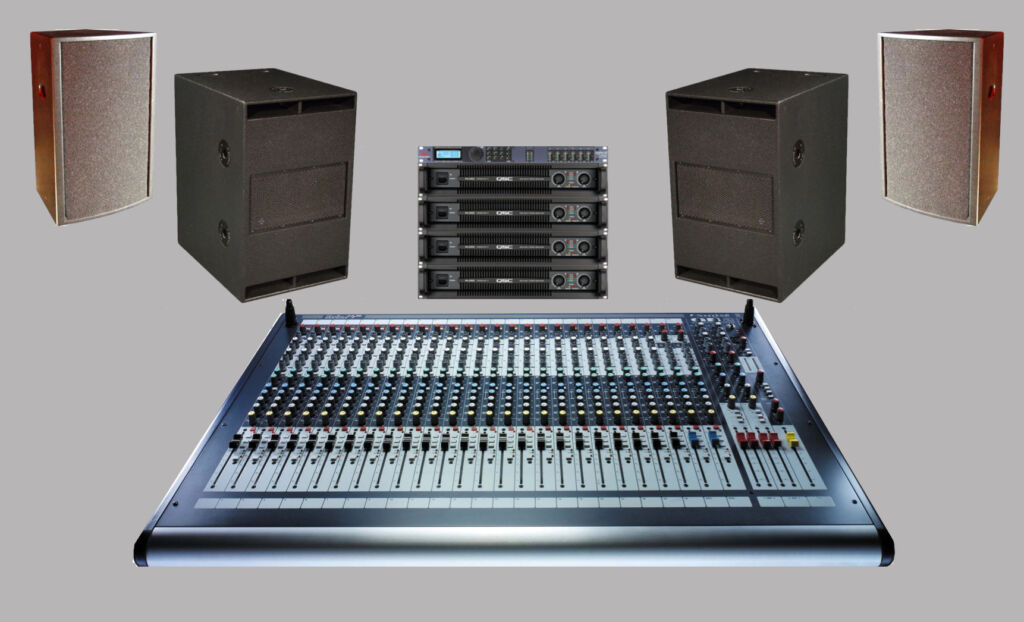 Sound mixing board, speakers and audio equipment as used by an event production company like Conference Craft specialising in conference audio hire.