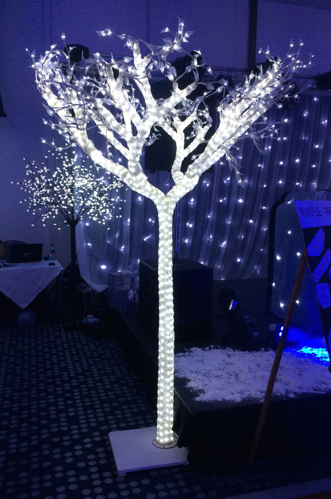 Fibre optics tree lamp lighting effect free-standing in front of a stage draped with starcloth as used in corporate event production.