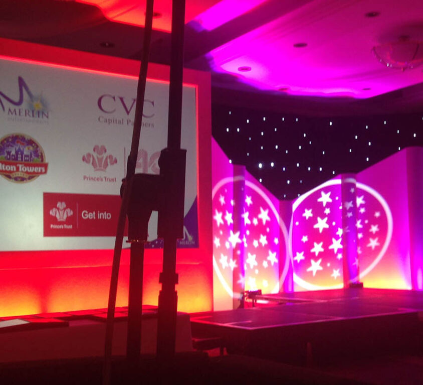 Example of conference stage design showing The Prince's Trust at Alton Towers event with LCD screens, stage with gobo lighting effects with stars and lectern, and close up of microphone stand.